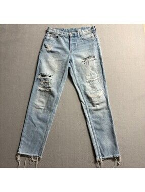 H&M &Denim Boyfriend Jeans Womens 4 Blue Distressed Embroidered Flowers Raw Hem